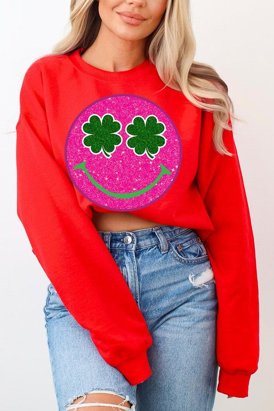 Smile Face Glitter Graphic Fleece Sweatshirt